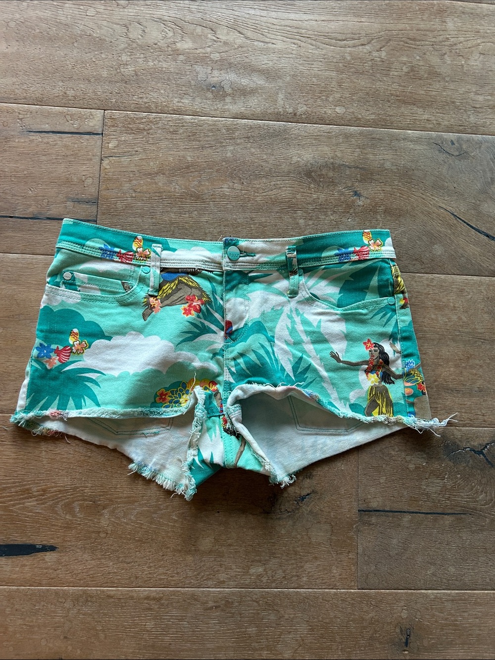 Roxy Aqua Tropical Print Denim Cutoff Shorts